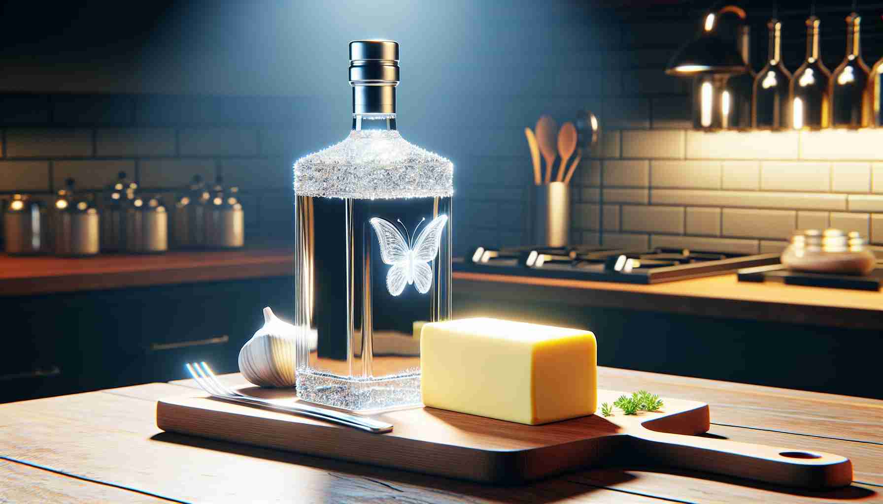 Realistic, high-definition image showcasing the innovative fusion of vodka and butter. The scene could involve a kitchen counter or a bar top, on top of which there might be a bottle of clear, high-quality vodka, perhaps with a shining light source behind it to highlight transparency, and next to it, a stick of fresh, golden butter. Both items could be creatively and tastefully arranged in order to communicate the notion of their unlikely yet revolutionizing flavor combination.