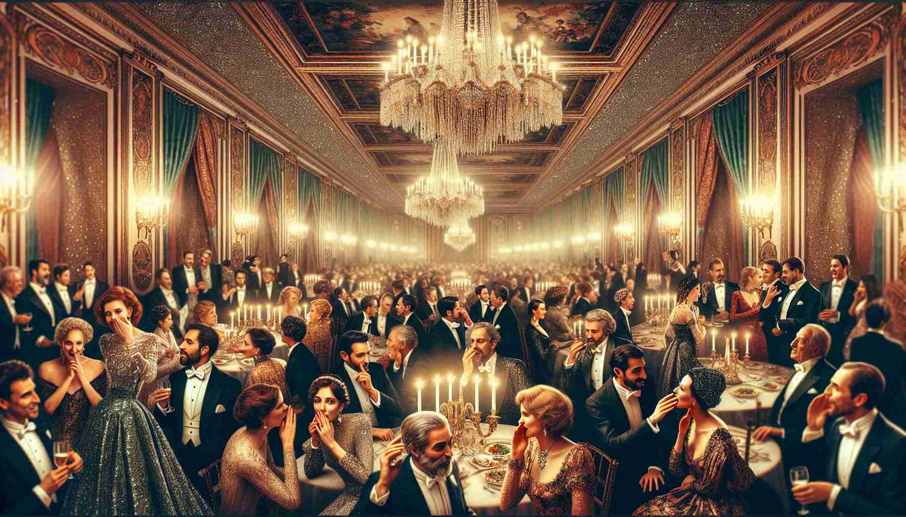 Create a realistic, high-definition image of a secretive, traditional gathering taking place following a glitzy awards night. Picture an opulent grandeur with twinkling chandeliers, elaborately dressed attendees of mixed gender and a variety of descents such as Hispanic, Caucasian, Black, South Asian, and Middle-Eastern, whispering excitedly amongst each other. The room should be filled with the residual excitement and lingering glamour from the awards ceremony.