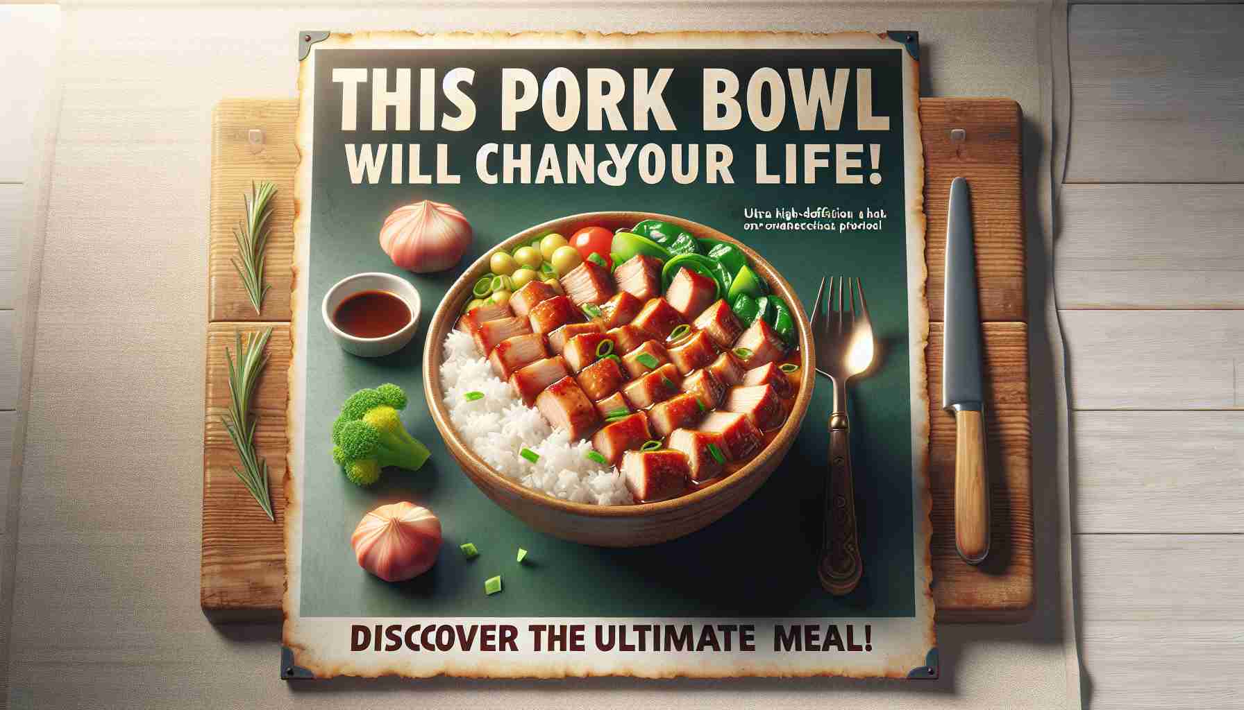 Generate an ultra high-definition photorealistic image of a pork dinner bowl. The bowl should be filled with succulent pieces of tender pork, steamed rice, bright green vegetables, and topped with a sauce that makes everything glisten. A banner across the image reads 'This Pork Bowl Will Change Your Life! Discover the Ultimate Meal!' This should be depicted as if a food blogger or obsessed dinner fanatic took the photo for their blog or social media post, focusing on the delicious details and enticing presentation.