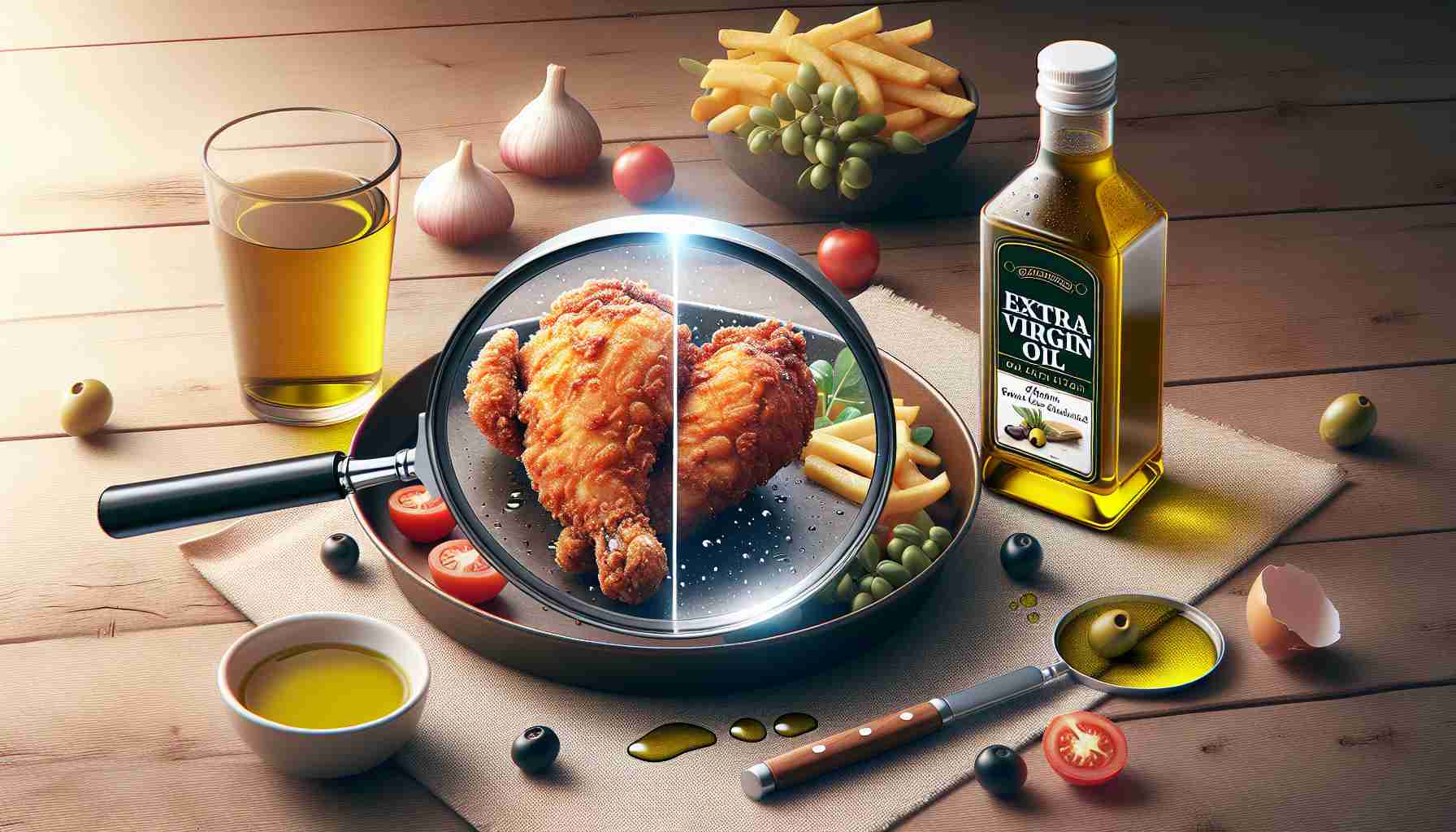 Create a realistic, high definition image that illustrates the concept of whether or not extra virgin olive oil is ruining your fried chicken. The image could possibly include a well-fried chicken on a plate looking succulent and tempting, a bottle of extra virgin olive oil nearby with droplets indicating recent use, and a split-screen or divided effect that shows the potential difference in the quality of fried chicken made with and without this oil. Alternatively, there could be a magnifying glass hovering over the chicken, signifying an examination or a search for truth.