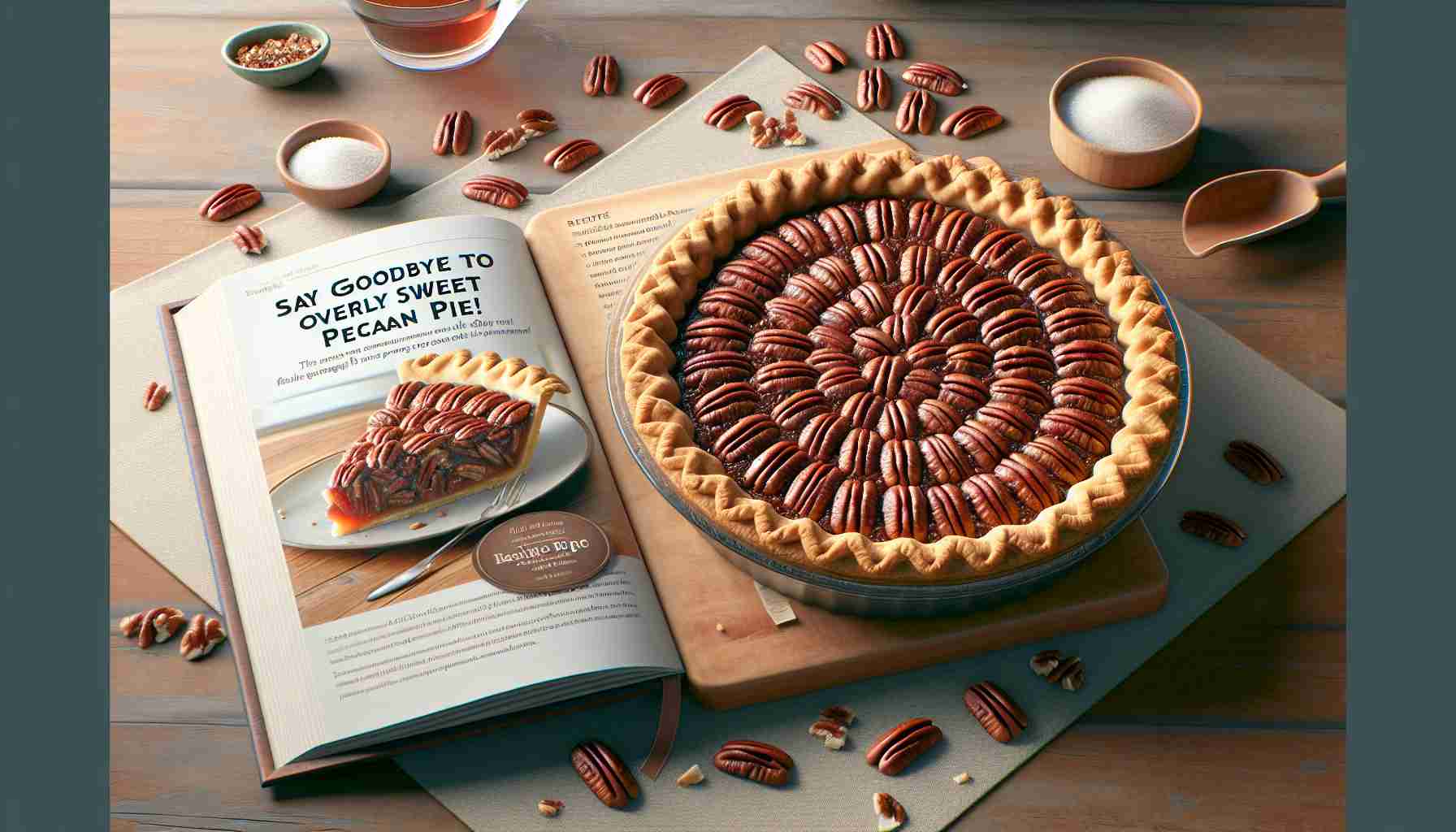 An image of a high-definition, realistic scene featuring a non-overly sweet pecan pie as a result of a game-changing recipe. The pie is showcased in the center of the frame, beautifully baked with an enticing golden brown crust filled with an abundance of less sweet, but richly flavorful pecans. An open recipe book placed casually to the side of the pie lays out the uniqueness of this game-changing recipe, with the title 'Say Goodbye to Overly Sweet Pecan Pie!' on its page.