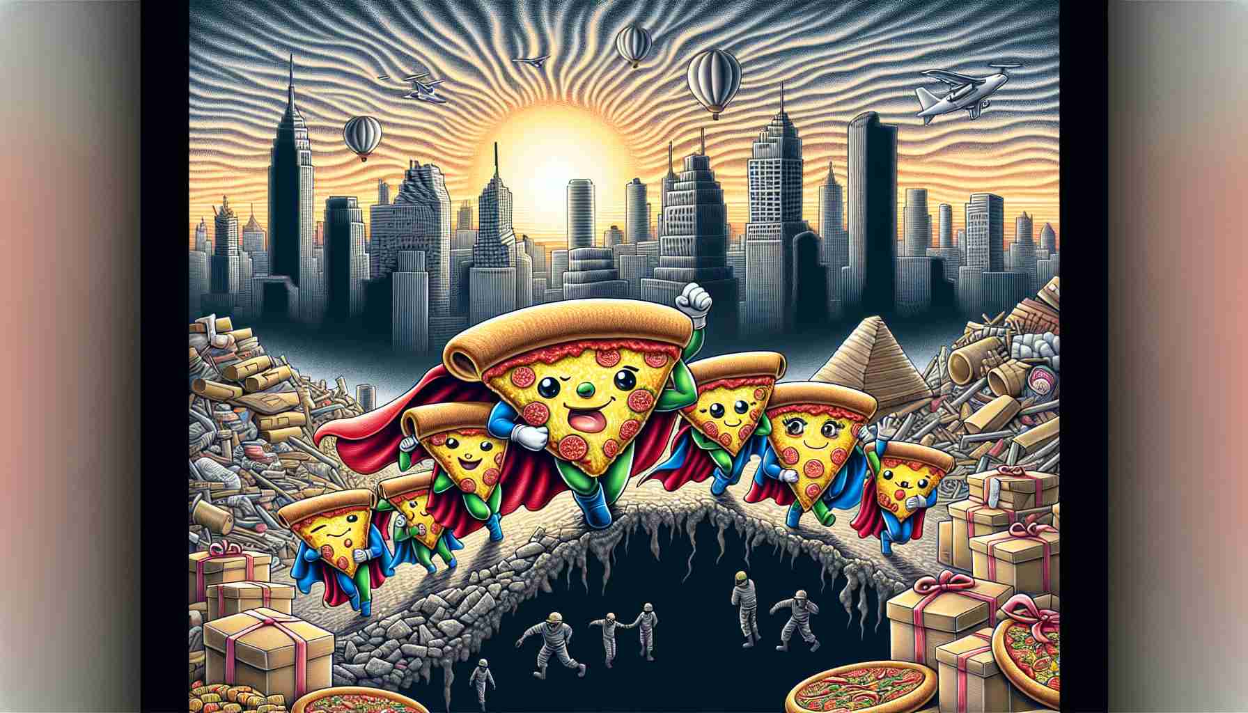 Create an intricate high-definition illustration of an inspiring scene where a community is rising from its ruins. The main focus of the image is a group of pizzas depicted as heroes. They possess endearing faces, donned in tiny capes, and are offering their services to the needy. The background shows the silhouette of a city rebuilding post a disaster suggesting the phrase 'Rising from the Ashes.' Gift boxes and donations piled around the city show generosity in action. The overall atmosphere is one of hope, unity, and humanitarian support.