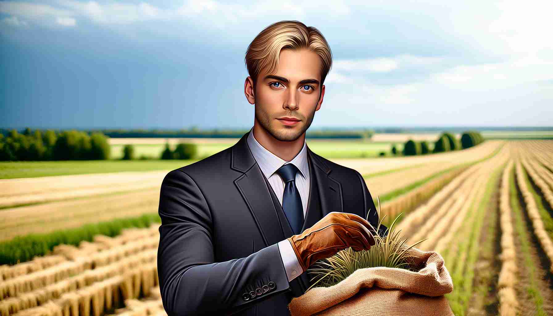 Generate a realistic HD photo of a man with similar characteristics to a prominent businessman turned politician, such as having combed-over blonde hair, a solid physique, and a distinct facial expression. Now, make that man a professional farmer tending to his field.