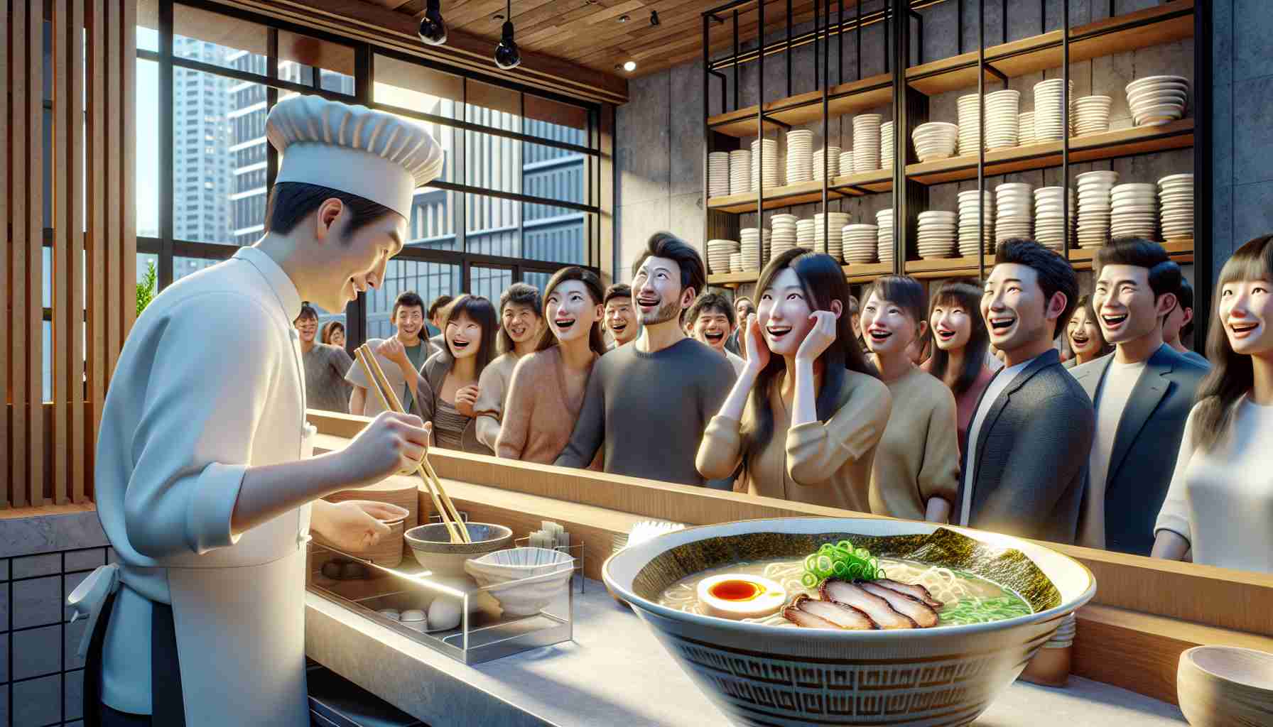 Render a realistic high-definition image of a bustling scene at a newly opened restaurant specializing in ramen. Capture the excitement and joy on the faces of ramen lovers as they enter the place, their smiles widening in anticipation. The interior should feature contemporary Asian aesthetic, with a chef expertly crafting bowls of ramen behind a polished counter. The ramen bowls should be filled with a rich, steaming broth, noodles, slices of roasted pork, and a soft-boiled egg half, garnished with scallions. Please assure that the ethnicity of customers is represented equally.