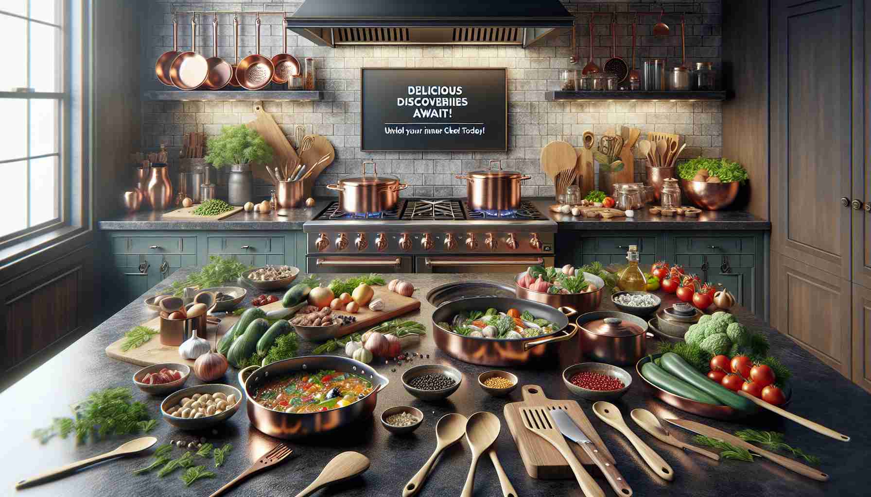 A high-definition, realistic image of a welcoming kitchen environment. The setting is full of culinary tools - copper pans, wooden spoons, finely crafted knives, and an expanse of fresh ingredients spread across a granite countertop. The atmosphere is enticing, suggesting the endless gastronomic possibilities that can be created here. A sign above the stove reads 'Delicious discoveries Await! Unveil Your Inner Chef Today', inviting individuals to embrace their culinary creativity and start their cooking adventure.