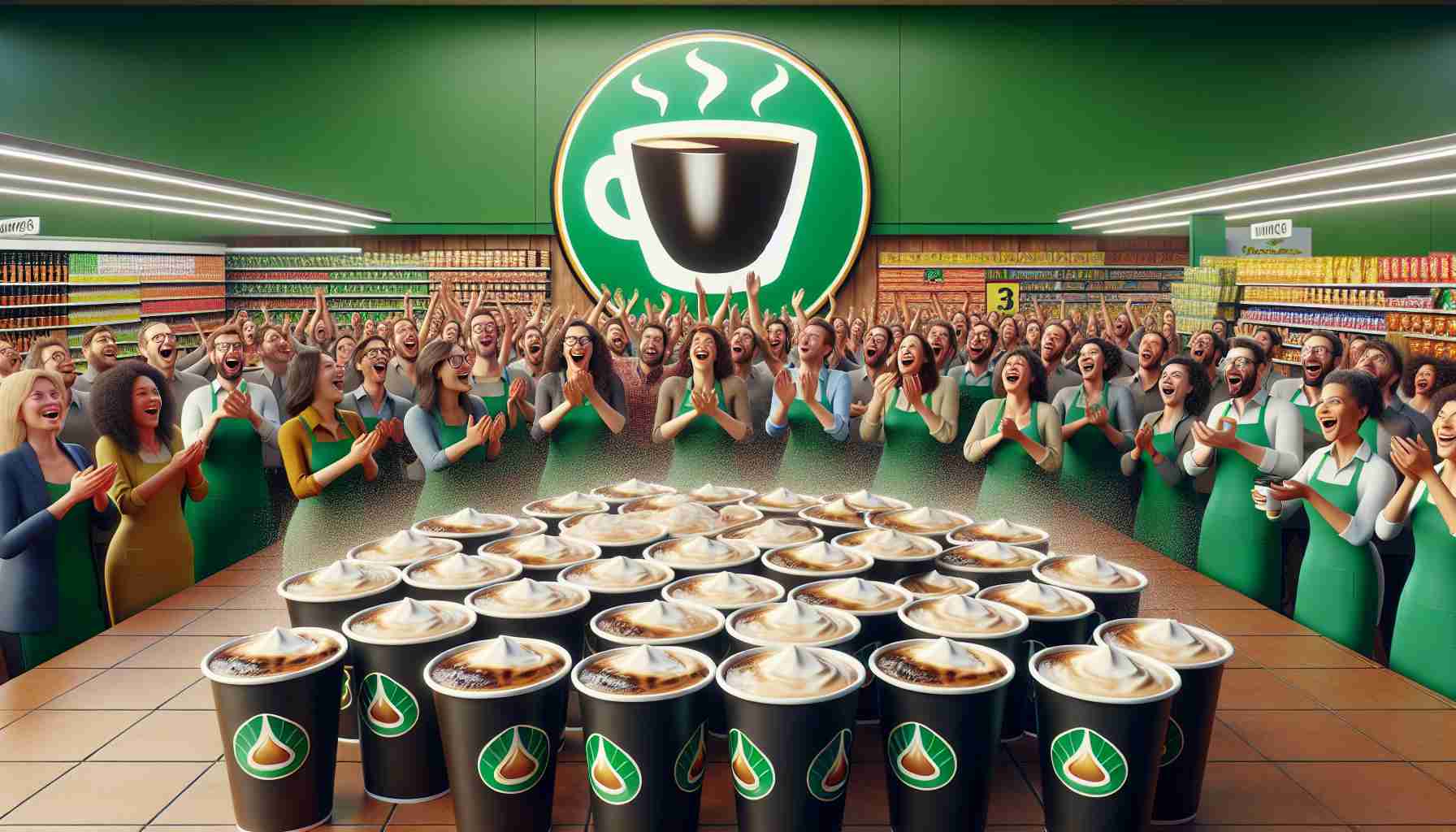 Realistic high-definition image of a surprising event where a well-known supermarket chain, represented by an emblematic logo of green and black colors, delivers free coffee to everyone. The image portrays people of different descents and genders being overjoyed by the unexpected gesture. An array of coffee cups filled to the brim with frothy, aromatic coffee is distinct in the foreground. The background is filled with scenes of the supermarket, showcasing its array of products.