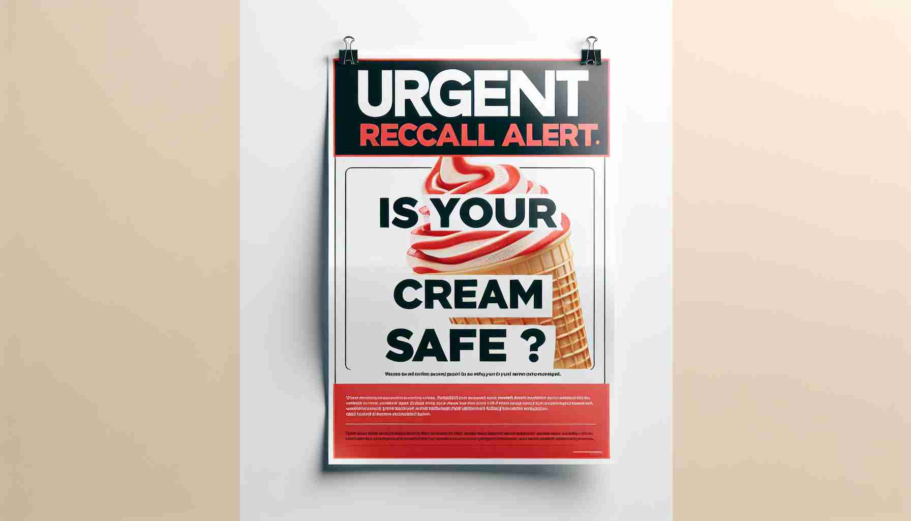 An image of a realistic, high-definition paper notice with the headline 'Urgent Recall Alert: Is Your Ice Cream Safe?'. The notice should appear alarming, catching the viewer's attention, yet maintaining a professional tone. It should be well designed, with clear typography. The notice could have an image depicting an ice cream, further indicating the topic of the alert. A mix of red and white background colours could make it more urgent and appealing.