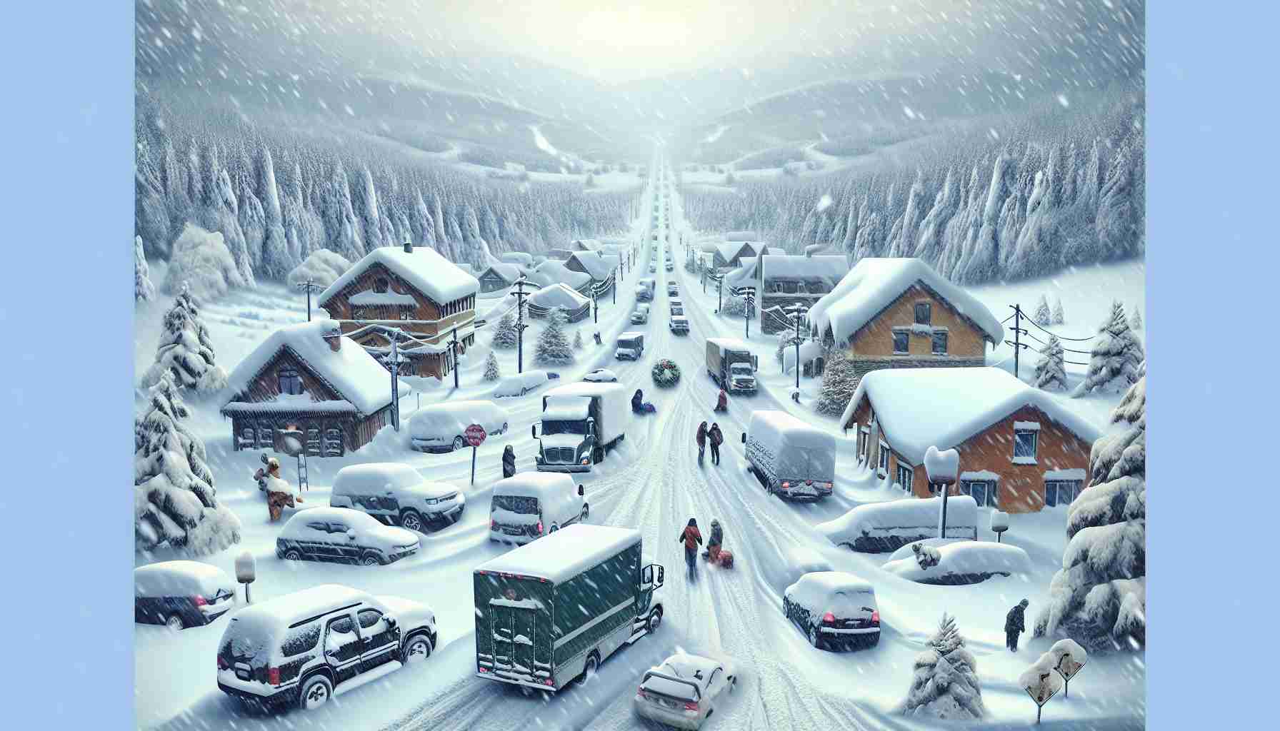 Depict a realistic high-definition image of a winter scene that is causing chaos in the form of halted travels. Visualize a specific scenario in a county known for its coffee production. Show heavy snowfall blocking roads, vehicles at a standstill, thick layers of snow on the roofs of houses, and perhaps even some stranded travellers bundled up in warm clothing. The sky is a heavy grey and the visibility is low due to the ongoing snowfall. Despite the situation, the landscape holds a certain charm nestled in the winter's fury.