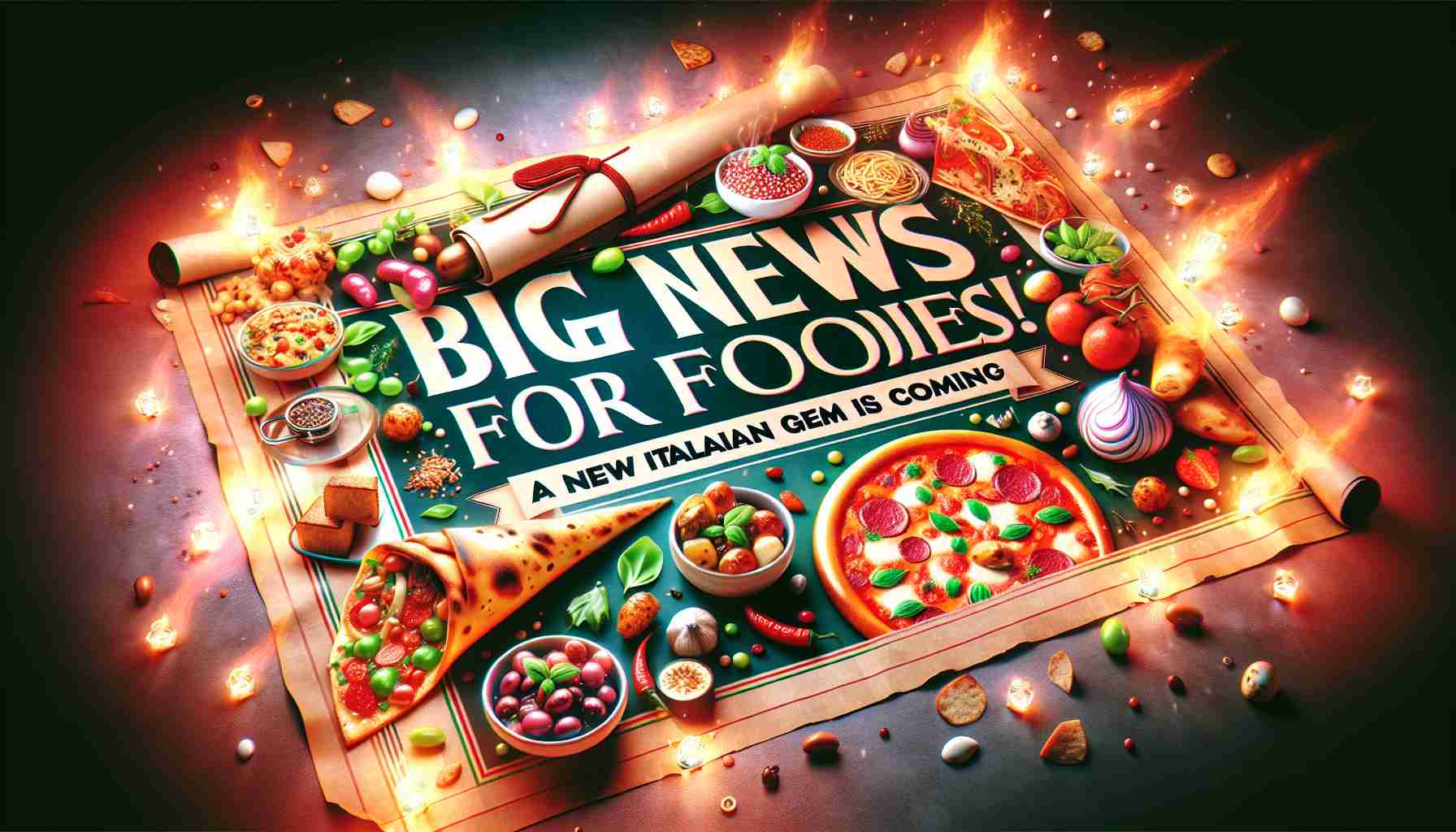 A high-definition image displaying the exciting announcement of a new Italian restaurant. The image portrays a banner headline stating 'Big News for Foodies! A New Italian Gem is Coming', with a background of tantalizing Italian cuisine such as pizzas, pastas, and desserts, giving a hint of what's to come. It has a vibrant and festive atmosphere that makes the news seem even more thrilling.