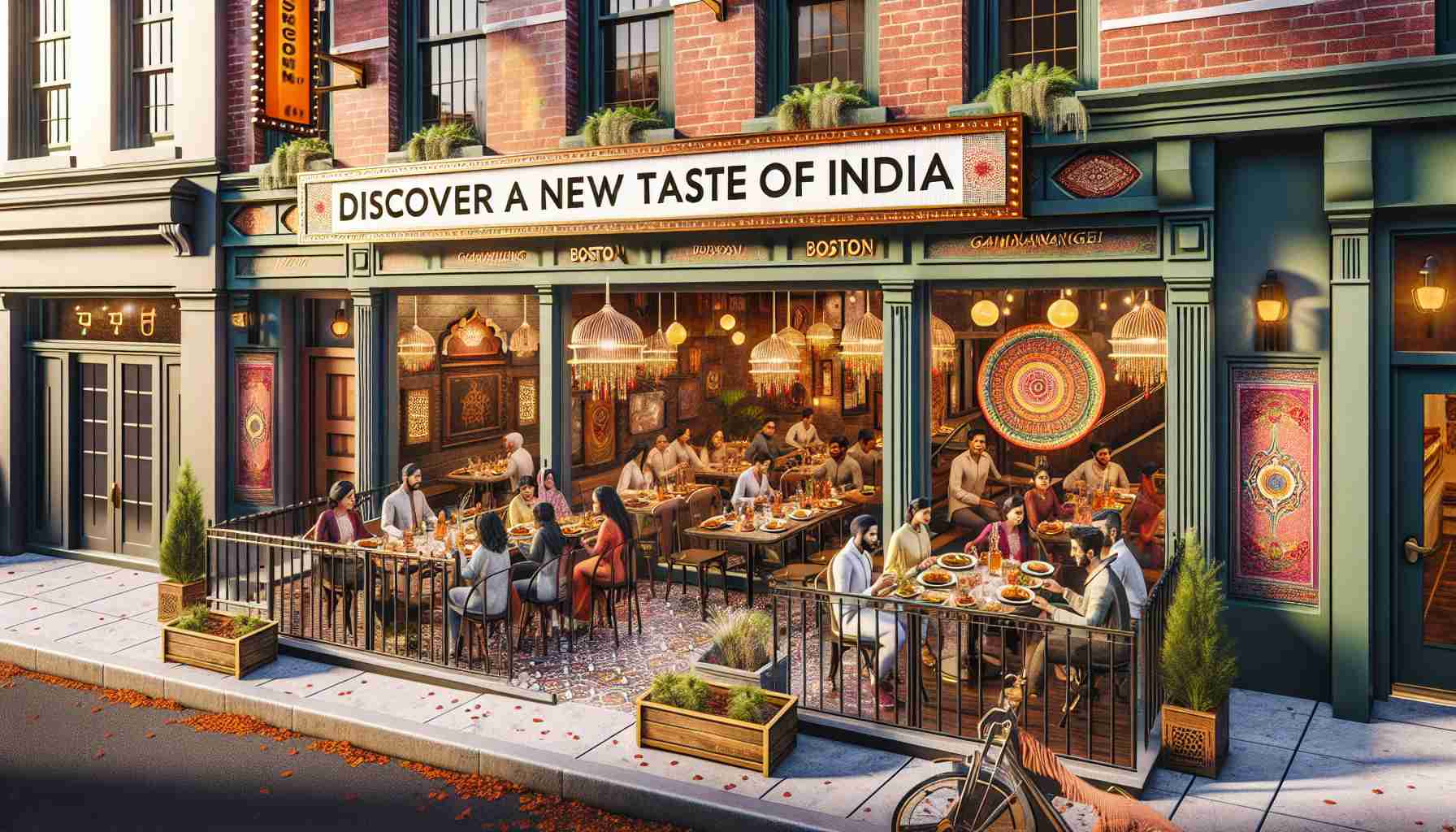 Realistic high-definition image of a game-changing Indian restaurant located in Boston. The exterior should exude charm with warm, inviting colors. The signboard above should read 'Discover a New Taste of India'. Show a view with multicultural patrons enjoying diverse Indian food at the outdoor seating area. Perhaps some are trying dishes for the first time, visibly delighted by the exotic flavors. Include typical Indian decor with intricate designs which can be seen through the restaurant's large front window.