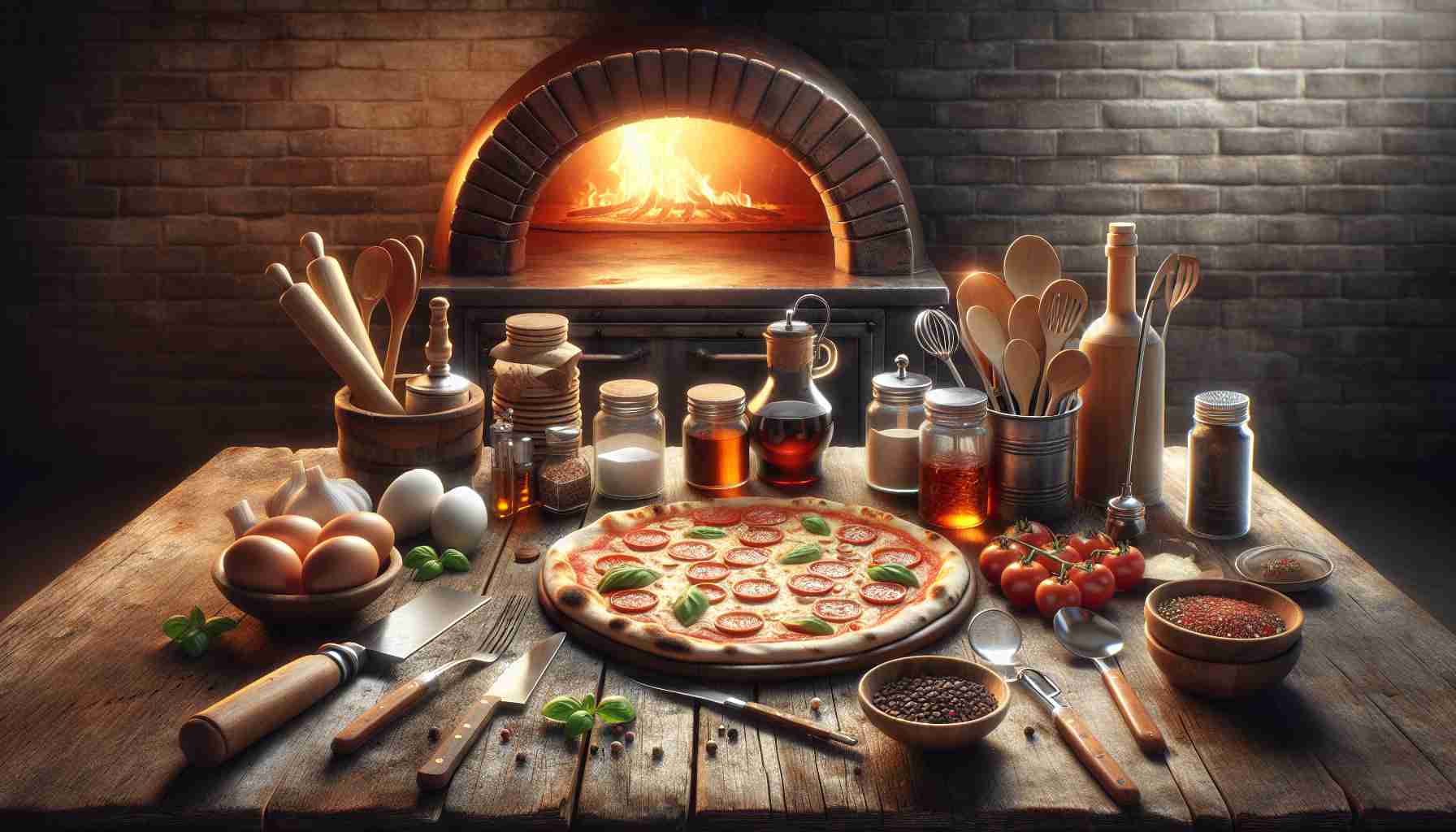 A hyperrealistic, high-definition image portraying the concept of mastering the art of making pizza. The scene should include a collection of best-quality pizza-making ingredients and top-of-the-line utensils, possibly laid out on a rustic, well-used wooden table. On the background, a vintage brick oven glowing with inviting warmth. The scene gives off a strong sense of pride and confidence in pizza-making skills, inspiring viewers to step up their game.