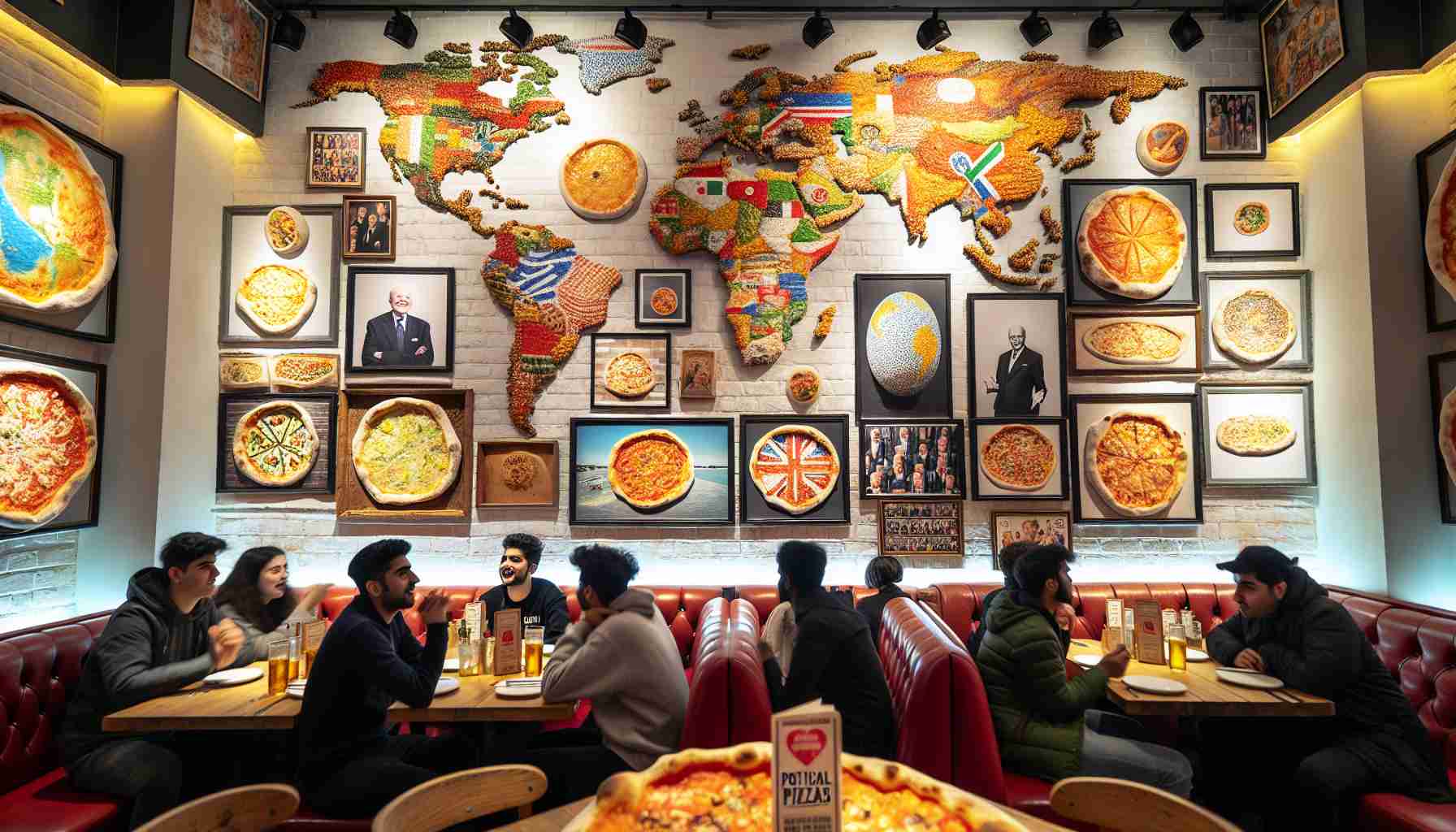 A detailed look at an unconventional restaurant that is creating a buzz with their unique theme - 'Political Pizzas'. The restaurant is filled with tables with delicious variably shaped pizzas, each with a unique topping combination that appears like a world map. The walls are adorned with framed images of different pizza shapes which look like different countries on a globe. A welcoming atmosphere is created by the gleaming, bright lights and the aromatic waft of freshly baked dough. The excited chatter of the customers adds to the lively energy of the place.