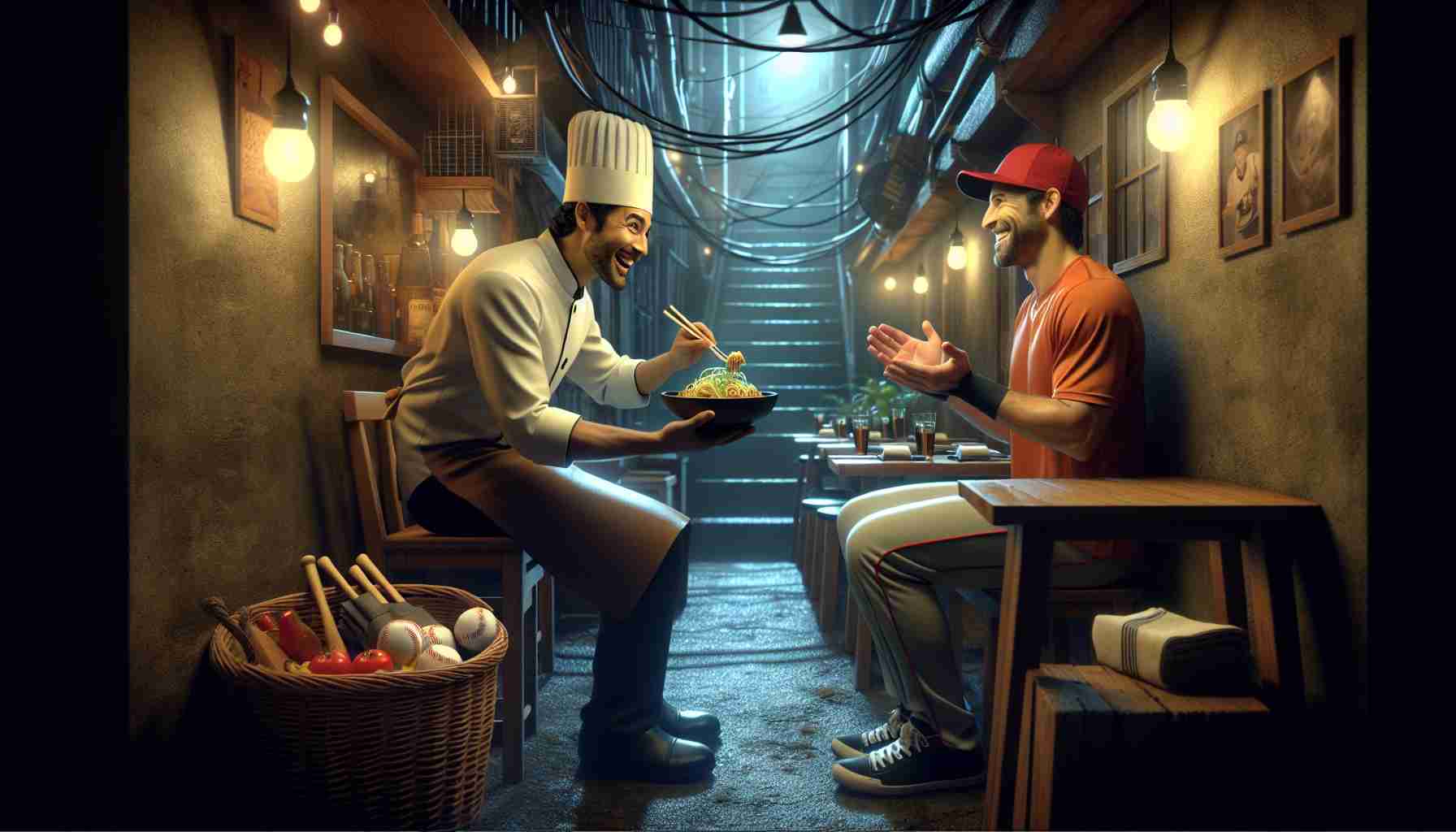 A high definition, true to life image showing a tucked-away dining spot popular among baseball players. The restaurant is alluring with its ambient lighting and cozy decor, secretively located in an alley. The heartwarming bond between the dedicated chef and his star athlete customer is compellingly depicted. The chef, a happy Middle-Eastern male, is passionately presenting his dish to the star customer, a South Asian female, who's greatly appreciated for her endeavors on the baseball field.