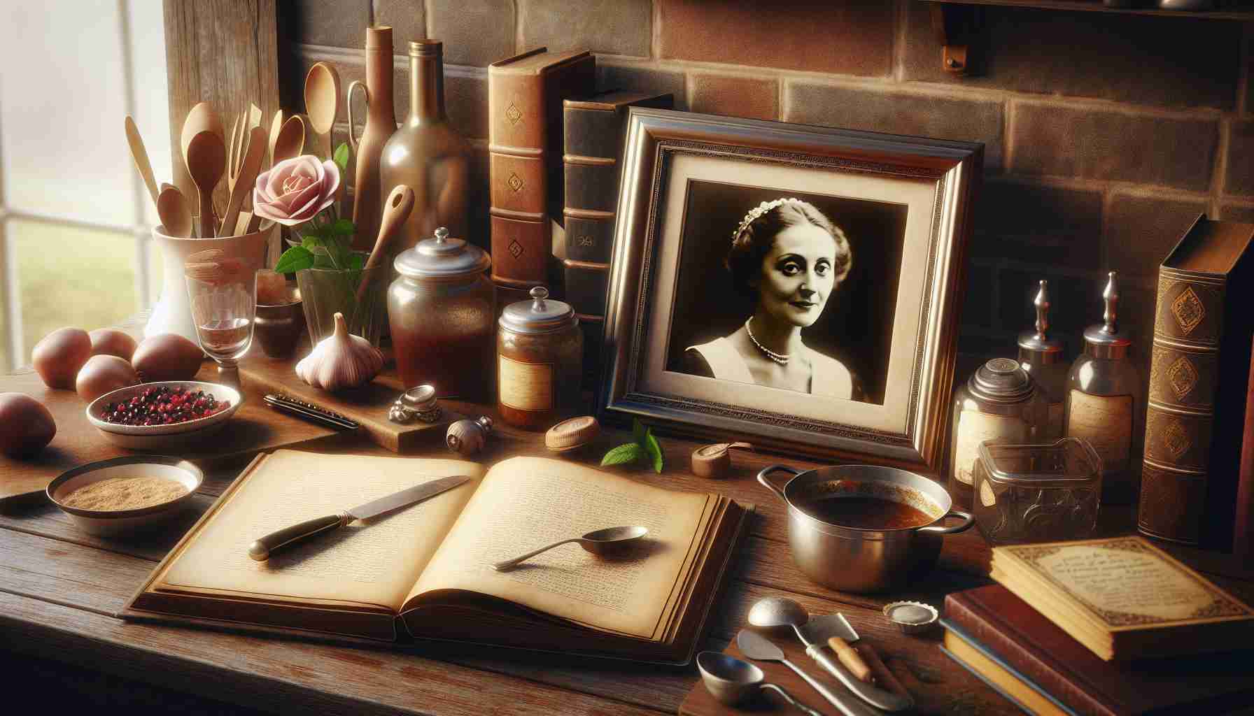 Create a realistic HD image depicting the lasting legacy of a renowned female culinary figure. The scene should vividly illustrate the significant influence she has in the culinary world which will not be forgotten. It can include elements such as an old yet well-preserved recipe book, a set of vintage cooking utensils and potentially a framed black and white portrait of her on the wall as a tribute. The atmosphere is nostalgic yet heartwarming, showcasing her timeless impact in the realm of gastronomy.