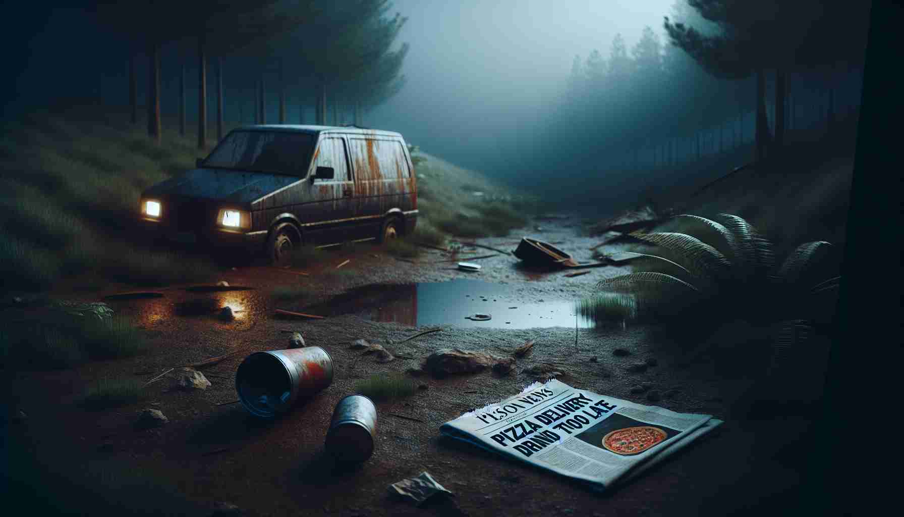 Create a realistic, high definition image of a tragic scene. It should depict a lonely vehicle, visibly a pizza delivery car, abandoned in a desolate area. There's a sombre mood with dark hues and an eerily quiet atmosphere. Include a newspaper on the ground nearby with the stark headline: 'Pizza Delivery Driver Found Too Late'. Use a neutral, balanced story-telling viewpoint that doesn't specify the driver's gender or descent.