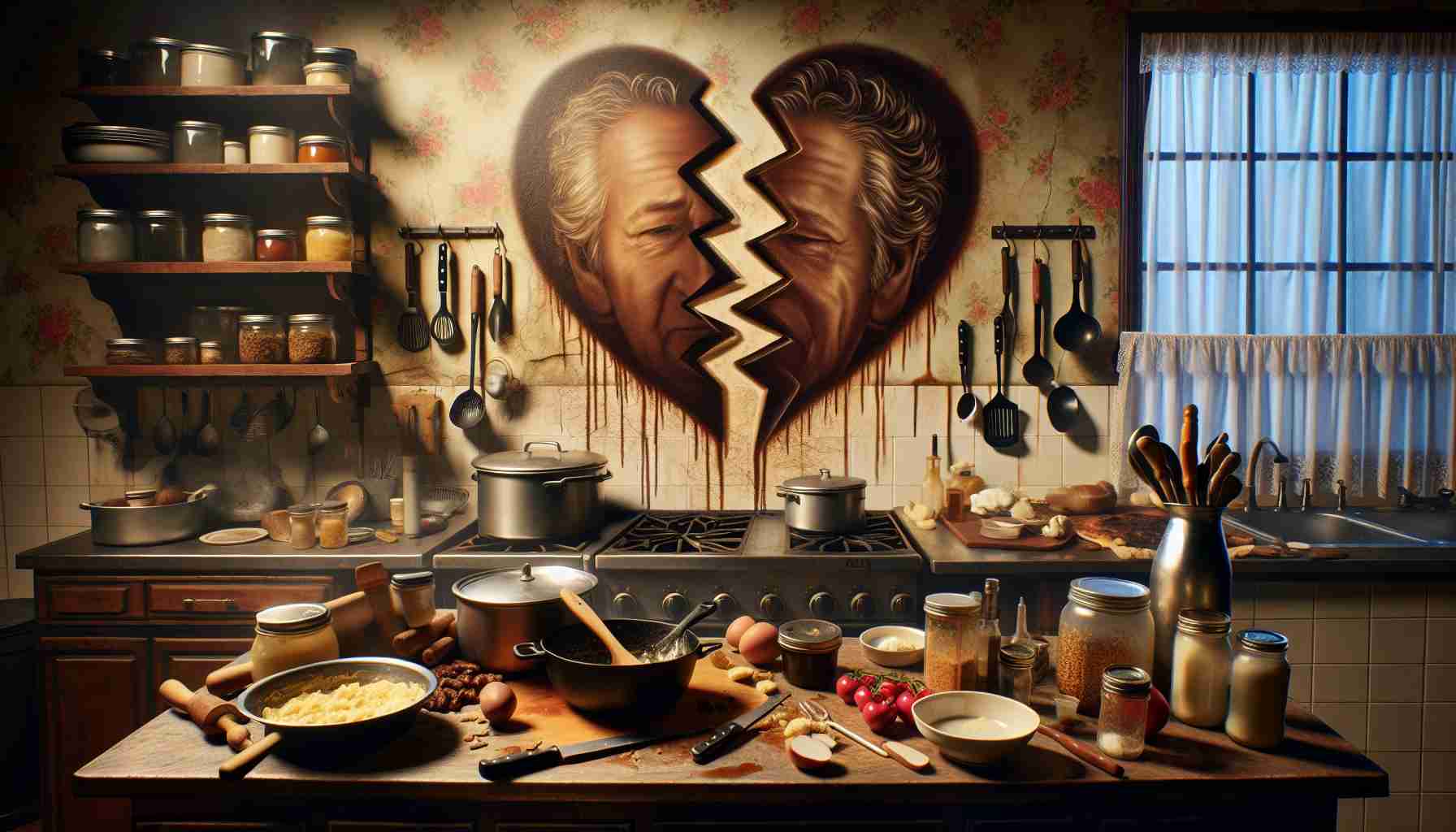 An ultra high-definition, realistic image representing the theme of heartbreak due to the departure of a legendary individual from the culinary world. The scene should showcase significant influences and contributions made to Southern cuisine. Depict a typical Southern kitchen with noticeable traces of the legend's influence on its cooking methods, utensils, and dishes. Please symbolize the sentiments of loss and respect using appropriate visual metaphors (like a famous dish left unfinished or a chef's hat hanging on a peg).