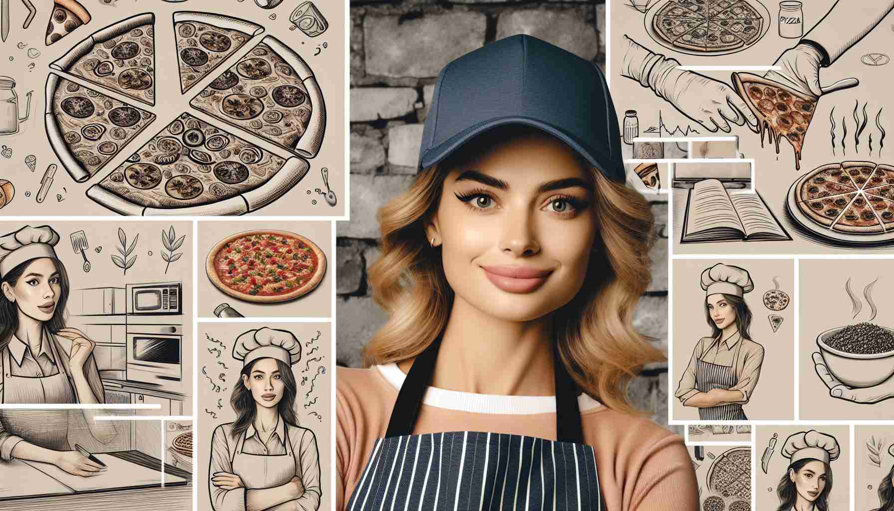 Create a High Definition image that encapsulates the storyline of 'Meet the Pizza Queen: A Tale of Resilience and Flavor'. The image should include the key characters and pivotal scenes. Envision a book cover with a confident, masterful Caucasian woman in her 30s who is the 'Pizza Queen', wearing a cap and apron with pizza imagery. Include scenes of her resilience, like working hard in a pizza kitchen, creating innovative pizza recipes. Make sure the image has a tone of resilience and the love for pizza.