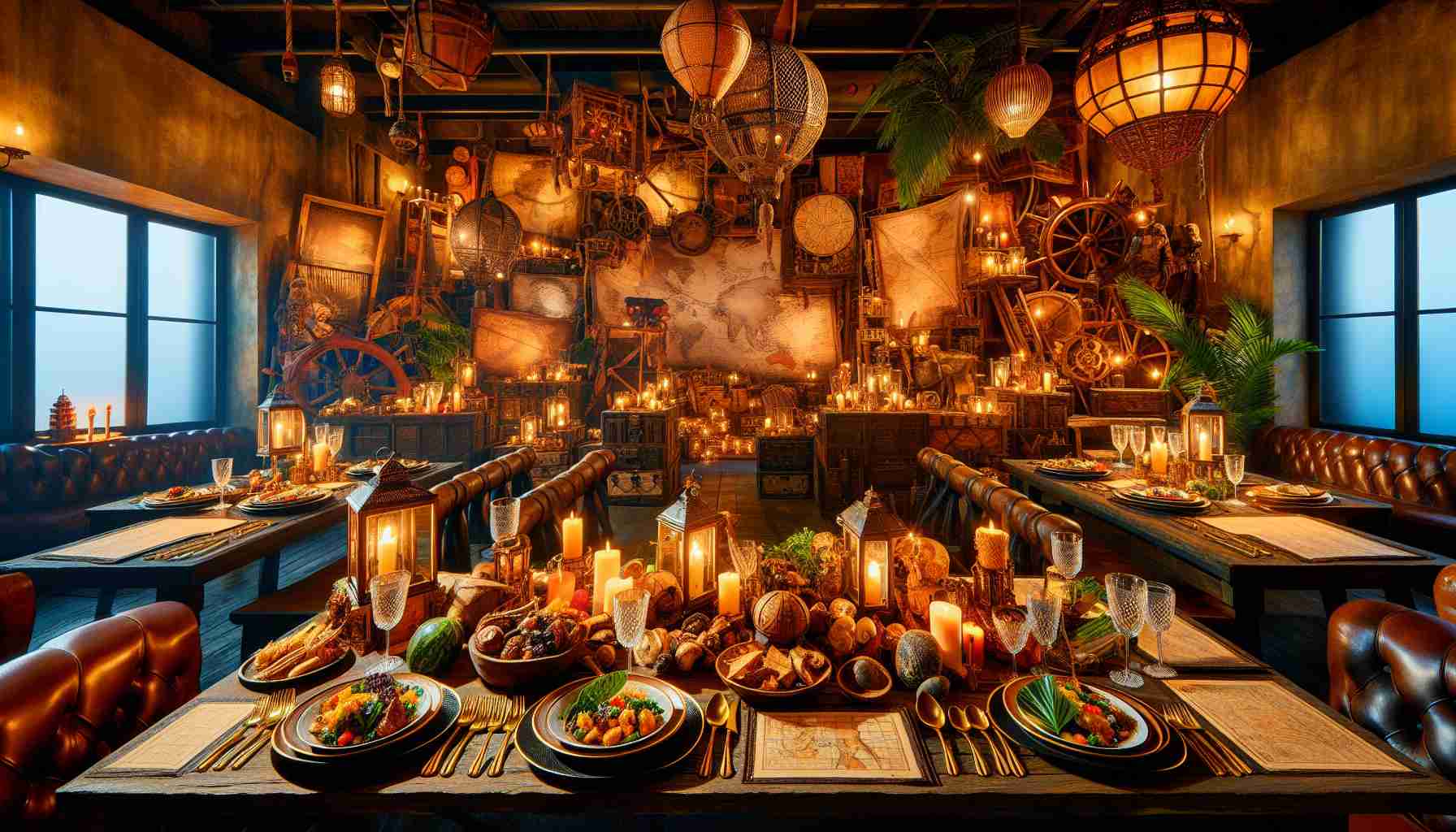 Generate a realistic, elaborately detailed, and high-definition image of an inviting dining scene that hints towards an adventure waiting to unfold. Show a sumptuously set table with numerous exotic dishes from around the globe, thematic decorations that inspire exploration - such as antique maps and nautical instruments - and ambient lighting that creates an atmosphere of mystique and excitement.