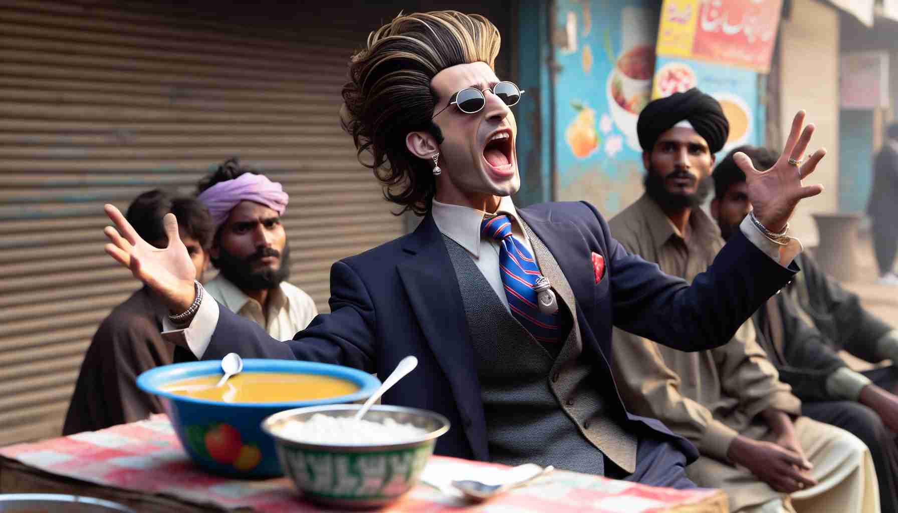 Create a high-definition, realistic image capturing an uncanny scene at a food market in Pakistan. The focus should be on a local individual who strikingly resembles a typical Western businessman, complete with a sharp suit, flamboyant tie, and unique hairstyle. He's making a passionate pitch about the remarkable qualities of a bowl of pudding he's selling.